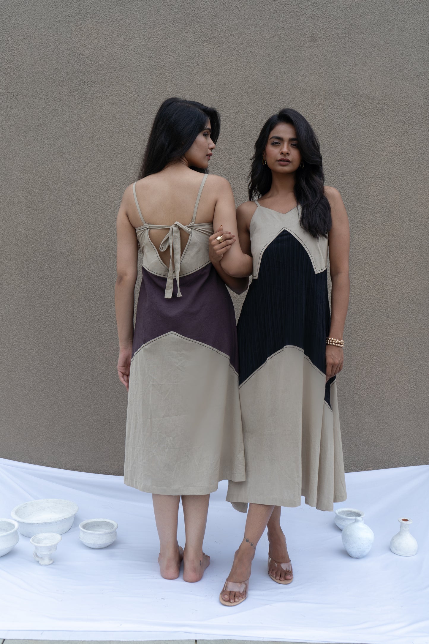 BEIGE NOIR PANEL DRESS