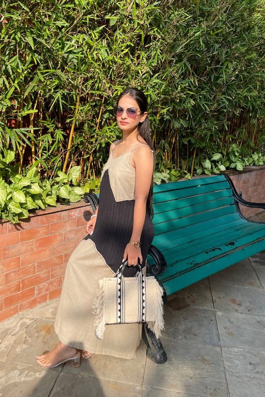 BEIGE NOIR PANEL DRESS