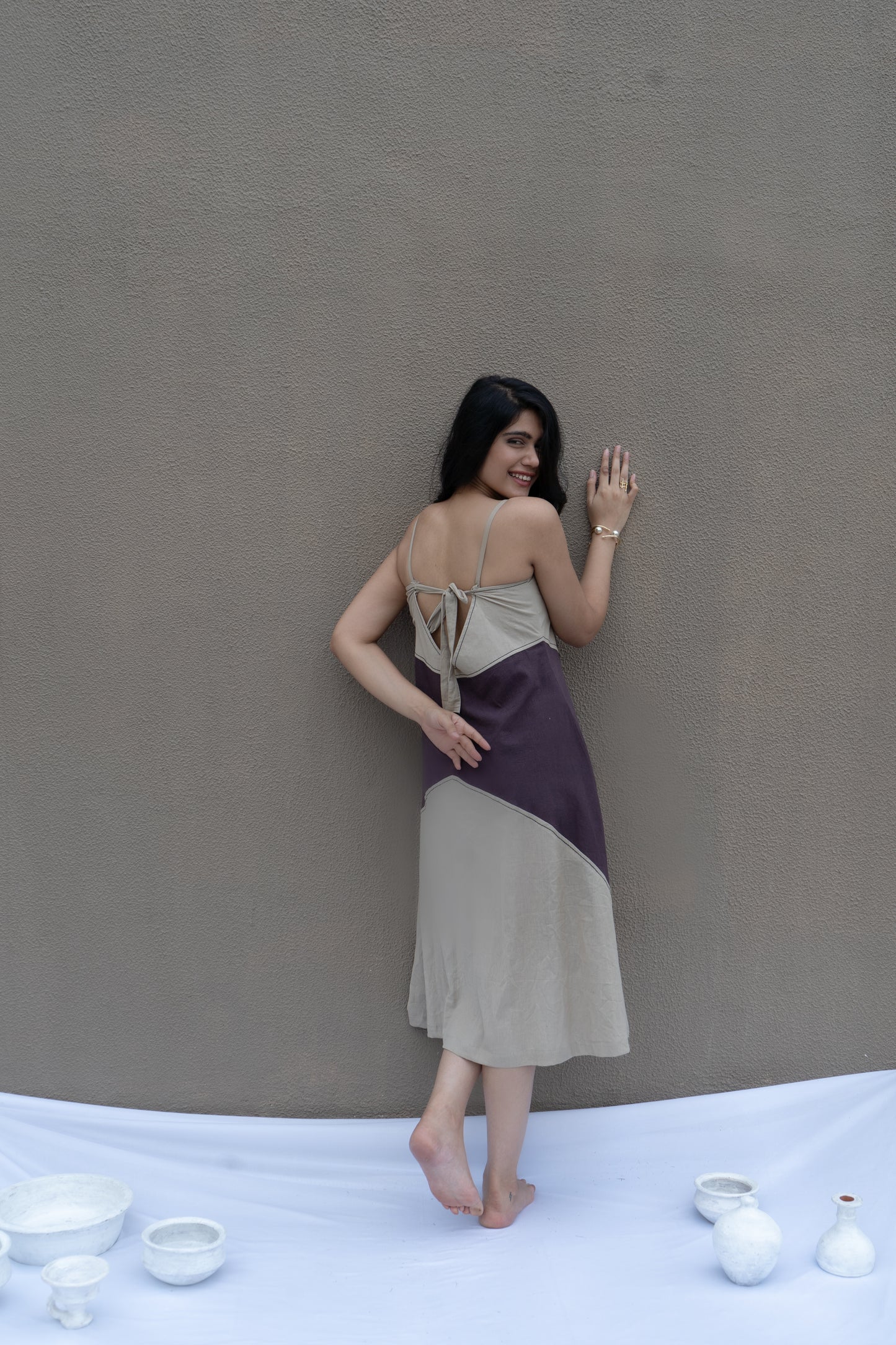 BEIGE NOIR PANEL DRESS